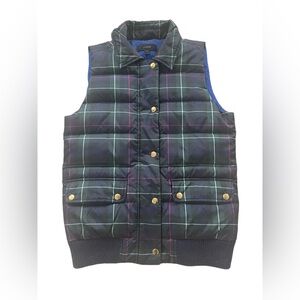 J. Crew Navy Plaid Puffer Vest with Gold Accents